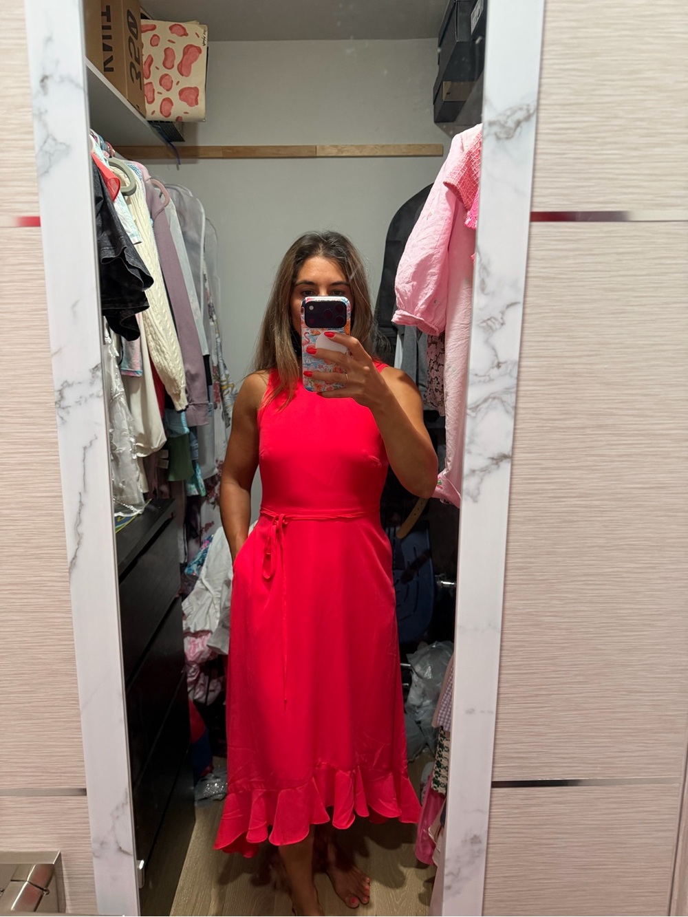 Banana Republic Bright Pink Sleeveless Midi Dress with Waist Tie